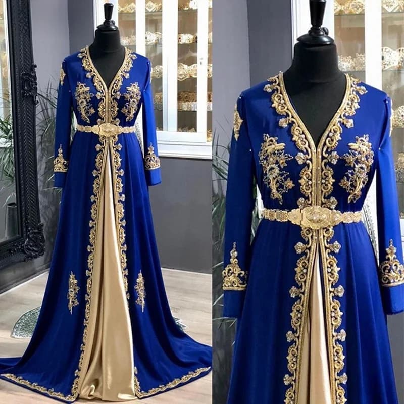 LORIE-Robe de Soirée Musulmane Bleu Royal pour Femme, Tenue Formelle Citrodubaï, Coupe Trapèze, Col en V, Caftan Marocain, Personnalisée