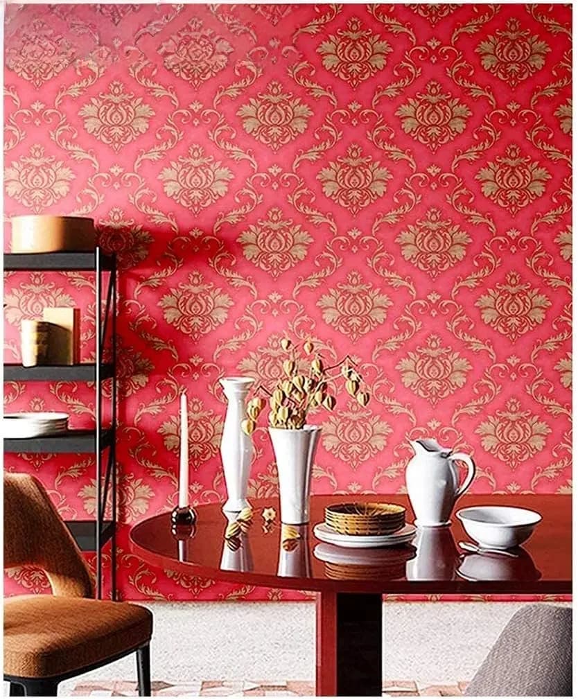 HDHome-Papier peint auto-adhésif en PVC pour décoration murale, rouge et or, motif damassé, imperméable, enlèvement de vinyle, papier de contact décoratif