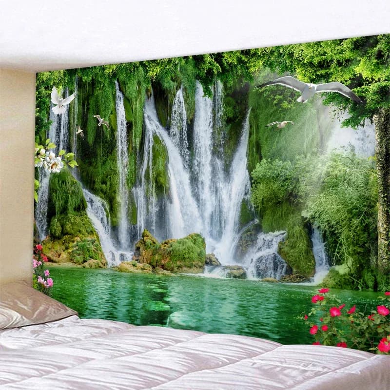 Magnifique tapisserie murale cascade naturelle, imprimé forêt, paysage marin, hippie, bohème, mandala, décoration murale