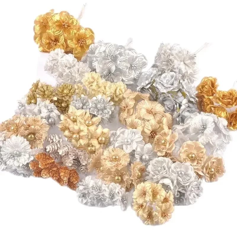 2 Bouquet Mini fleurs de plantes artificielles dorées/argentées, boîte-cadeau de gâteau de mariage de noël, fournitures de décoration de couronne DIY cp3091