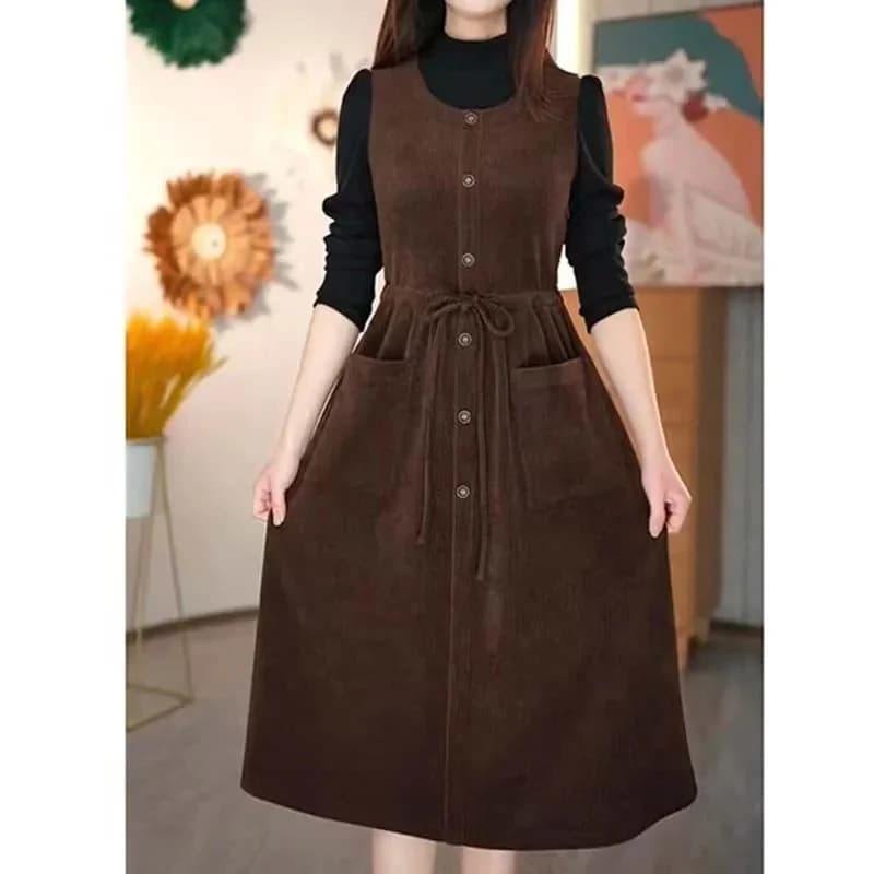 Faux robe deux pièces en velours côtelé pour femme, tenue élégante, plissée, taille Slim, rétro, genou, mi-longue, hiver 2024