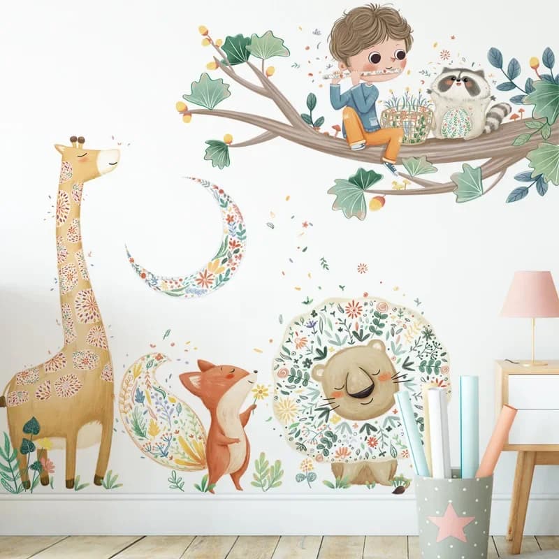 Autocollants de dessin animé mignons pour chambre d'enfant, papier peint de torche de lion de girafe, autocollant mural Ao.com, autocollants muraux pour grands arbres