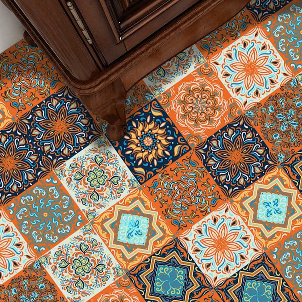 Autocollant de carrelage à motif Floral Orange, Film imperméable pour carrelage/sol dans la cuisine, la chambre à coucher, la salle de bain, décoration artistique du sol, papier peint, 10 pièces