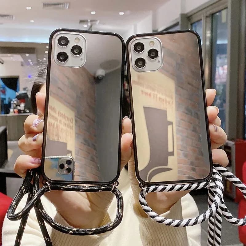 Étui miroir antichoc en TPU avec cordon tour de cou et bandoulière tendance pour iPhone 17 16 15 14 13 Mini 12 Pro Max 11 Plus