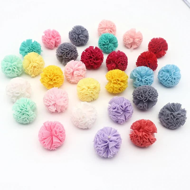 30-60 pièces 2.5 Cm dentelle gaze élastique fleur boule bricolage artisanat fournitures cheveux ornement pendentif bijoux matériel fil boule Pom Poms