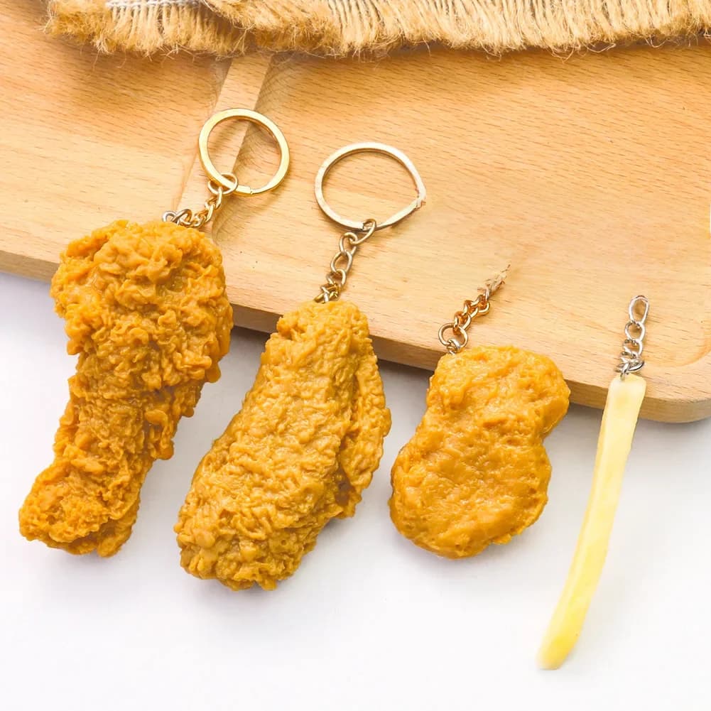 Porte-clés alimentaire de simulation : poulet frit, frites, cuisse de poulet, nuggets de poulet. Cadeau pour clients de restaurant, porte-clés pour chef cuisinier.