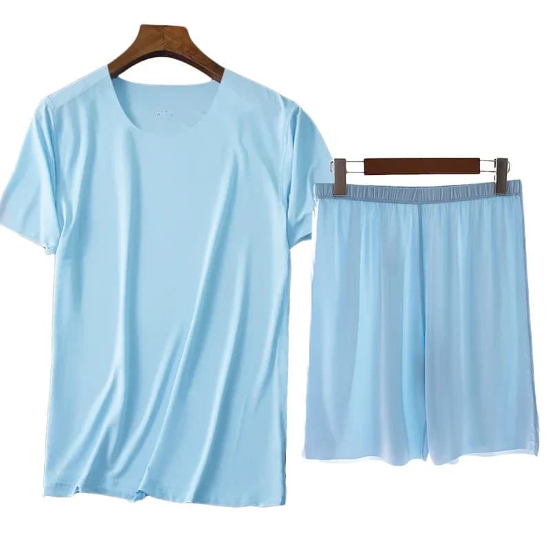 Hommes glace soie Pyjamas solide chemise et pantalon 2 pièces Pijamas ensemble de sommeil décontracté mâle maison vêtements été Pyjamas vêtements de nuit costume de nuit