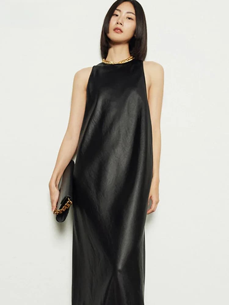 Lautaro-Robe en similicuir précieux pour femme, robe maxi dos nu, extra longue, noir, élégante, printemps, automne, 2021