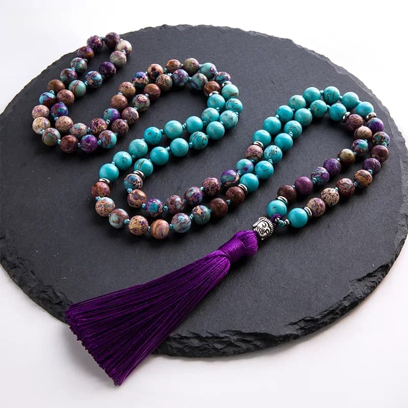 8mm naturel Turquoise Violet jaspe impérial perlé noué 108 Japamala collier méditation Yoga tibétain bouddha tête bijoux
