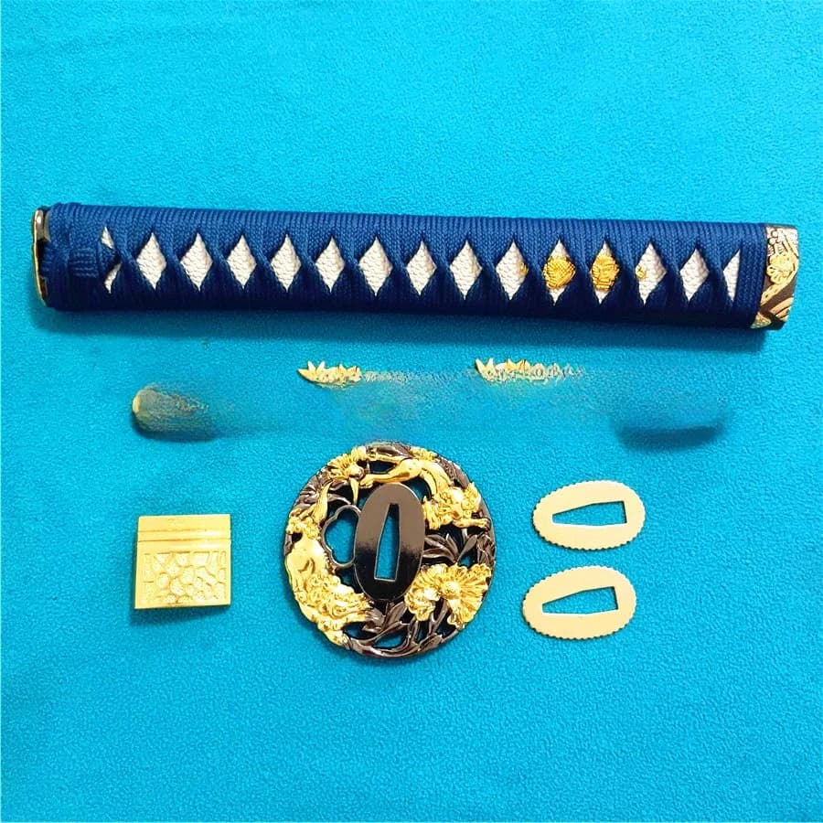 Épée de samouraï japonaise Katana/Wakizashi/Tanto, ensemble d'accessoires de garde Kirsite Tsuba + Menuki + Fuchi + Kazira + poignée 26cm + Habaki + Seppa