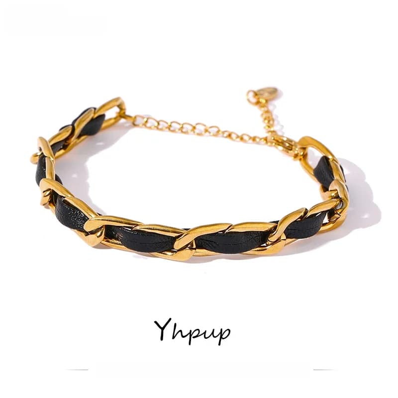 Yhpup Bracelet chaîne en cuir à la mode Bijoux en acier inoxydable Texture métallique 18 K déclaration pour femmes Bijoux Femme mode hommes nouveau