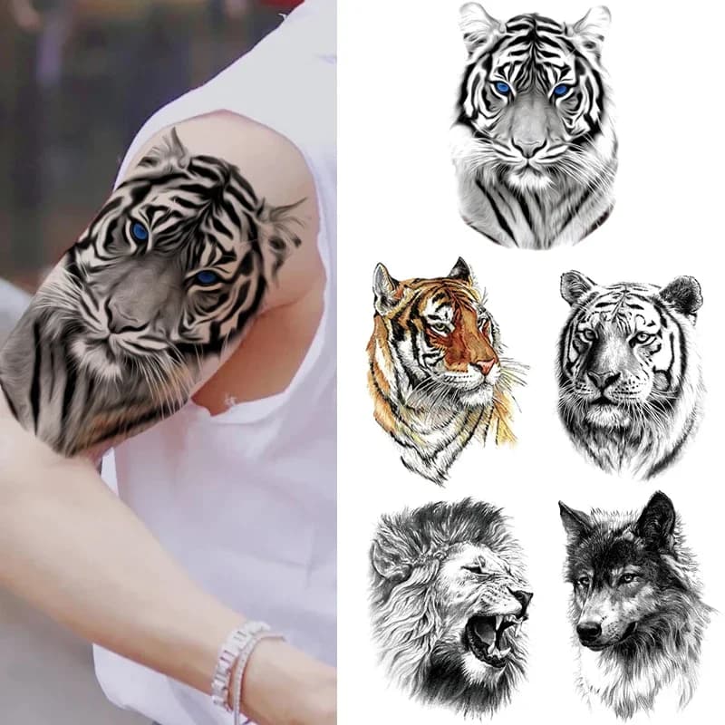 Lion tigre Cool temporaire tatouage autocollant mode loup imperméable Animal corps Art bras faux amovible Tatoo hommes femmes personnalité