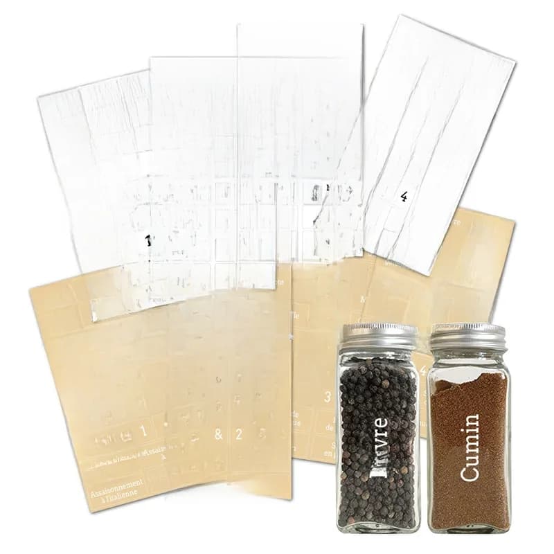 Étiquettes pour pots d'épices français, 8 feuilles, autocollants anglais transparents et imperméables pour garde-manger, réservoir alimentaire, marques de condiments, stockage de cuisine