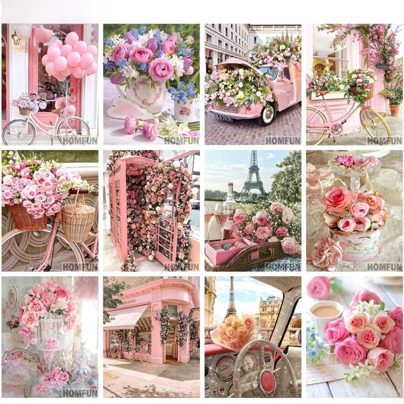 HOMFUN – peinture diamant thème "Rose fleur tour de voiture", broderie complète 5D, perles carrées ou rondes, points de croix, à faire soi-même