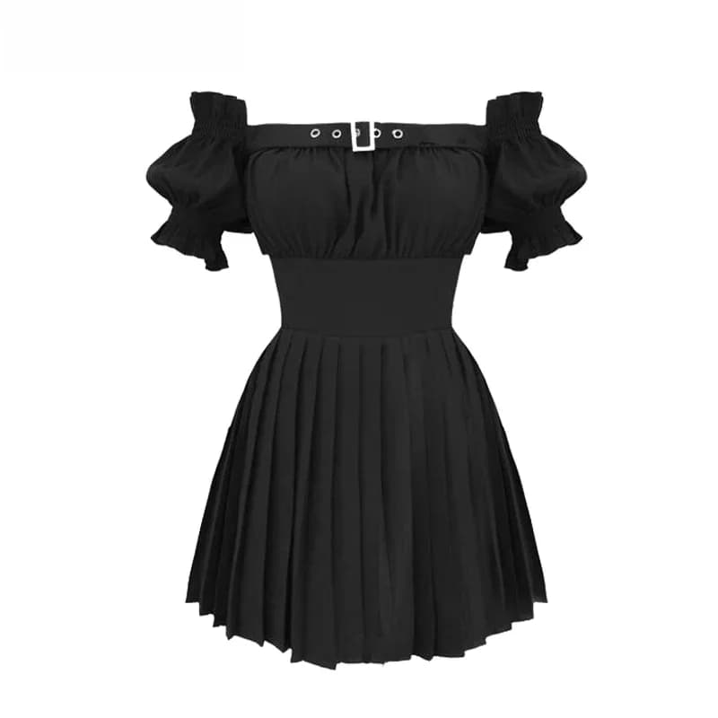 Robe d'été noire gothique Punk à rivets, manches bouffantes, décontractée, Mini robe Vintage Sexy, épaules dénudées, dos nu, mode Streetwear