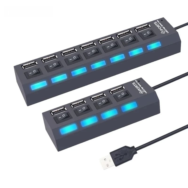 Multi USB Splitter airies avec commutateur pour PC, adaptateur USB 2.0, 7 ports, extenseur multiple, 2.0