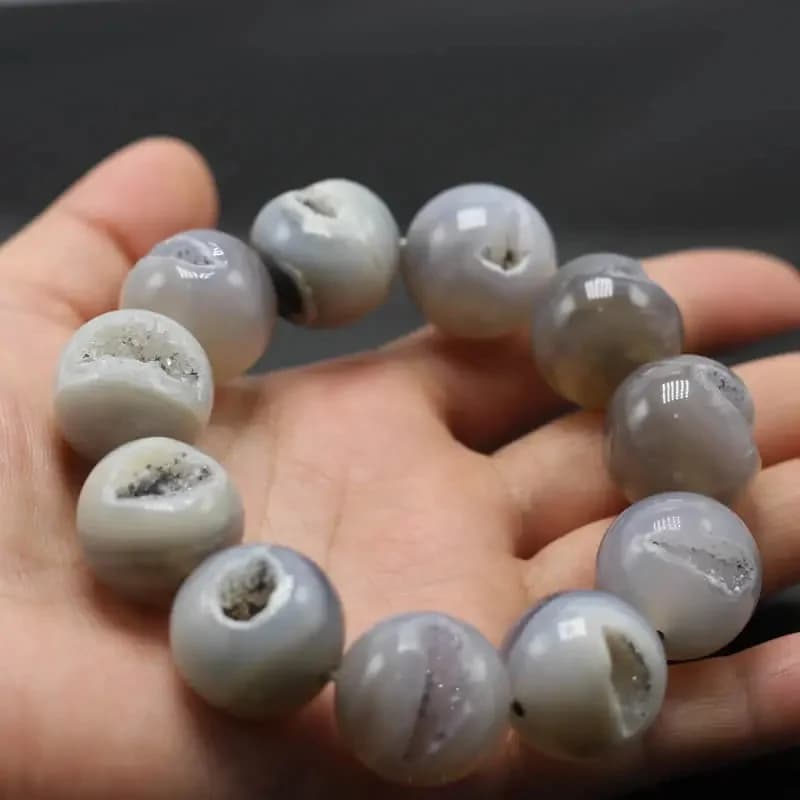 Bracelets en Onyx Gris, Agate et Quartz Druzy Naturel, Perles Rondes Extensibles, Pierre Veineuse, Cadeau pour Homme, 14/16/18/20mm