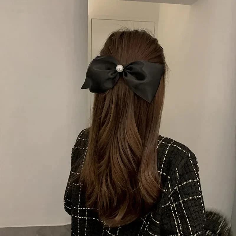 Pince à cheveux avec nœud en satin pour femmes et filles, épingle à cheveux, ruban noir simple, poignée de cordon de perles, style coréen, doux et élégant, 216.239.