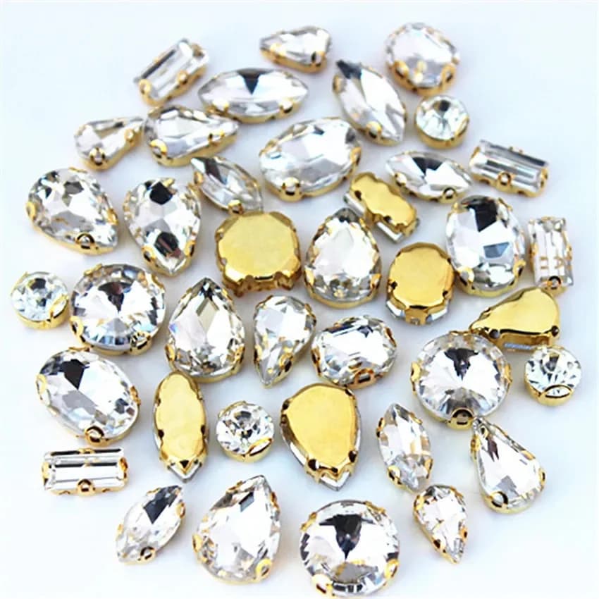 30 pièces/sac de haute qualité mixte or fond cristal clair verre coudre sur griffe strass, bricolage robe de mariée décoration accessoires