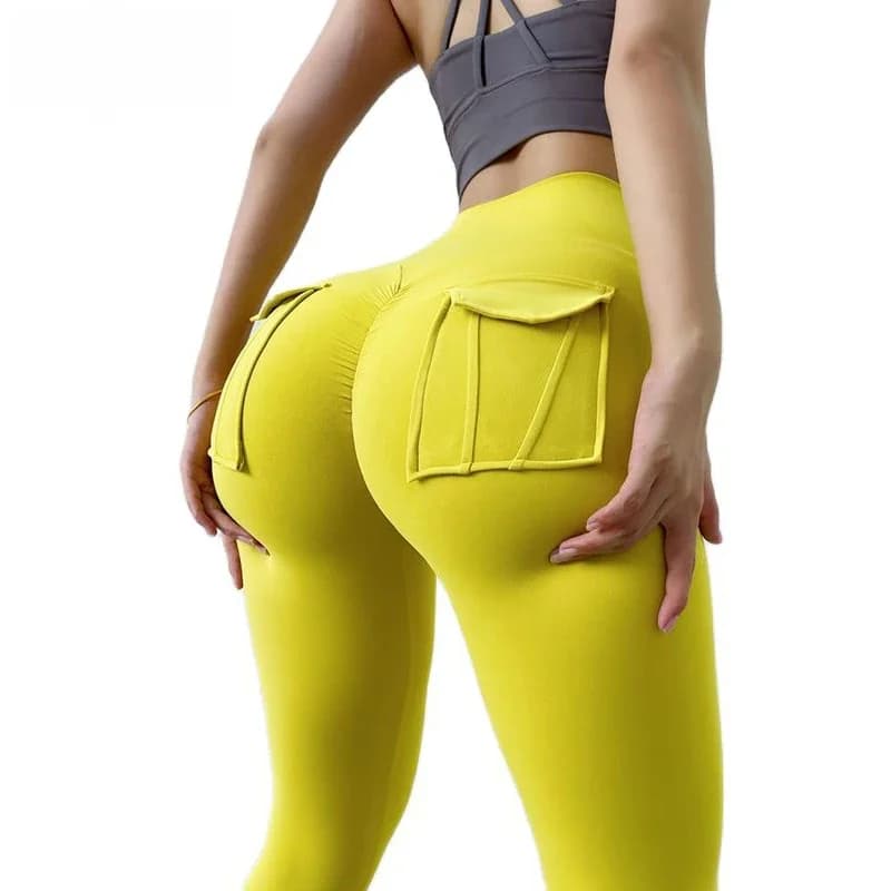 SOISOU Leggings en nylon pour femme, pantalon de sport et de yoga, sexy, moulant, taille haute, élastique, avec poches