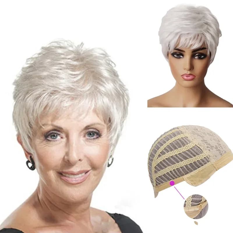 Perruque Synthétique Courte Argentée et Blanche Ombrée, Postiche de Cheveux Bouclés, Couches, Frange Bouffante, pour Femme d'Âge Moyen, 03/ix