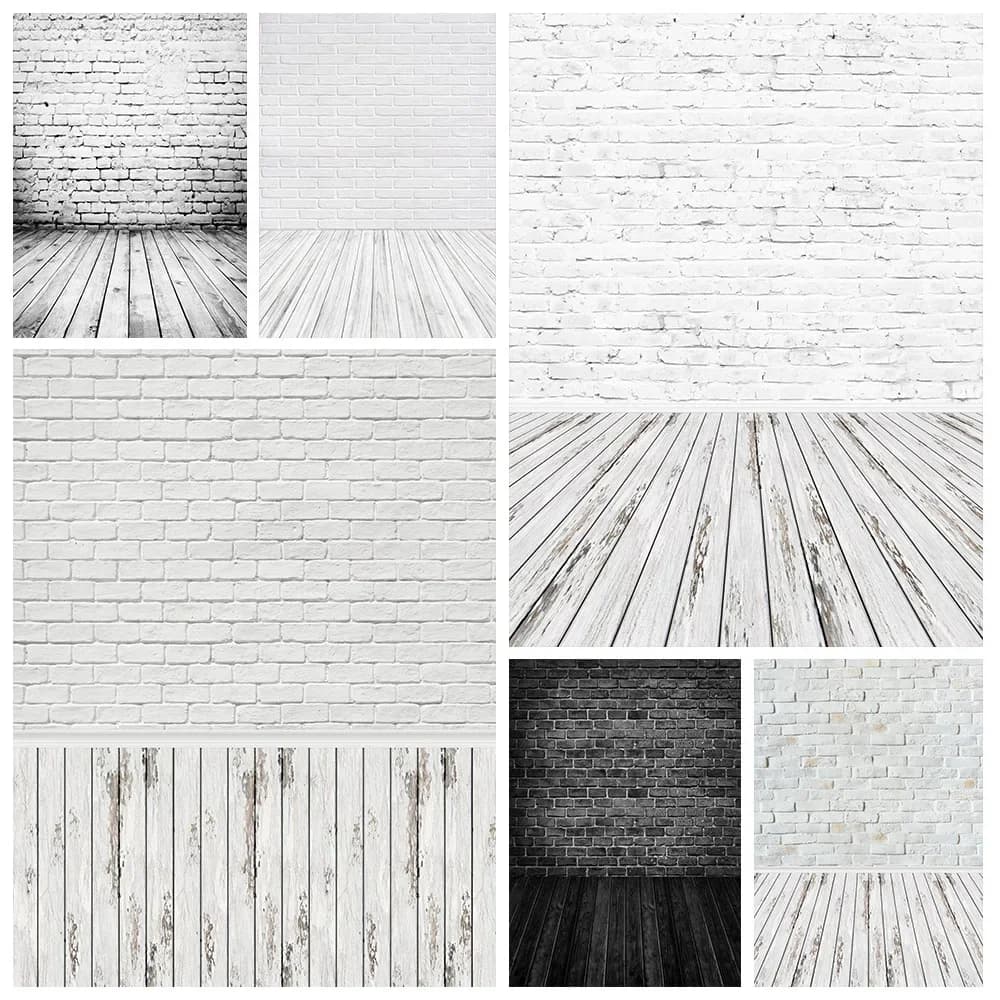 Arrière-plan de sol en bois de mur de brique gris et blanc, jouet de Portrait de réception-cadeau pour bébé, gâteau d'animal de compagnie, arrière-plan de photographie d'anniversaire pour Studio Photo