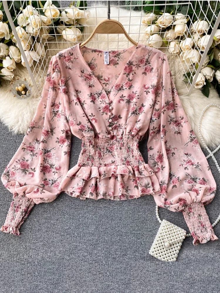Chemisier en Mousseline de Soie pour Femme, Doux, Oreilles en Bois, Taille et Mince, Col en V, Slim, Manches Courtes Bouffantes, Nouvelle Collection Printemps