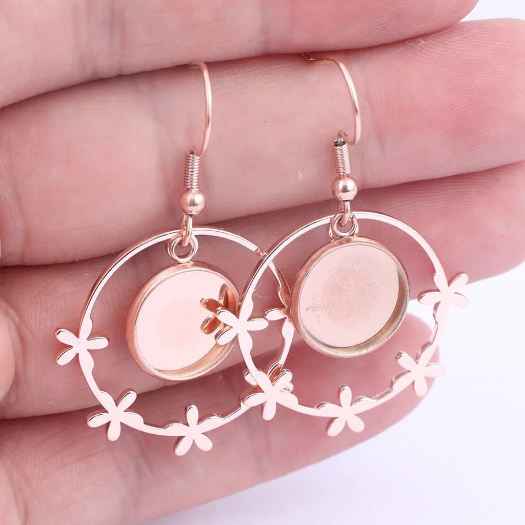 Base de boucle d'oreille Cabochon en or Rose 12mm, 6 pièces, crochets d'oreille en acier inoxydable, résultats de bricolage, breloques en cerceau de fleurs pour la fabrication de bijoux