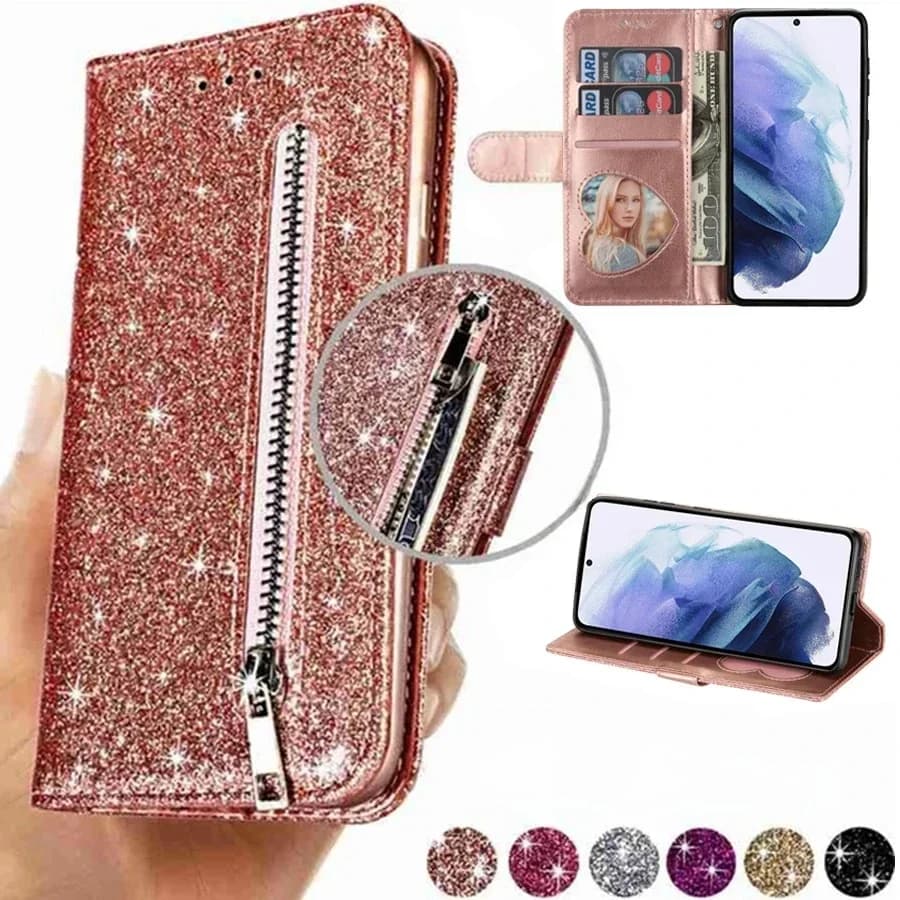 Étui portefeuille en cuir à rabat avec fermeture éclair et paillettes, pour Galaxy S24 FE S23 Ultra S22 Plus S21 S20 FE S10 Note 20 Ultra 10 Lite 10 Plus 9 8