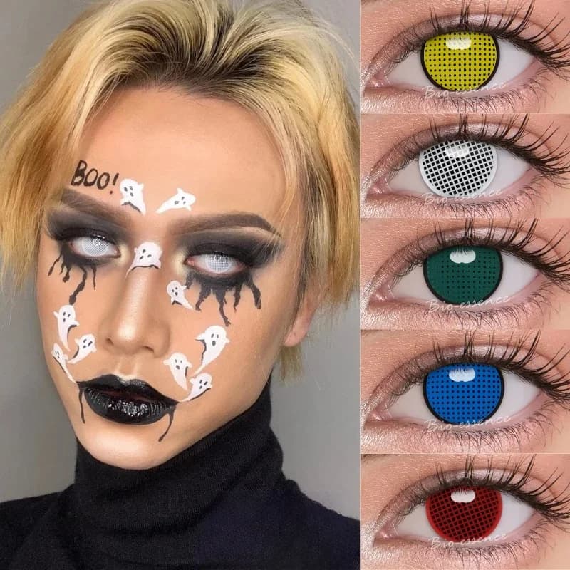 1 paire de lentilles de Contact de couleur Cosplay pour les yeux, accessoires d'anime, série maille d'halloween, lentilles d'anime rouge blanc bleu