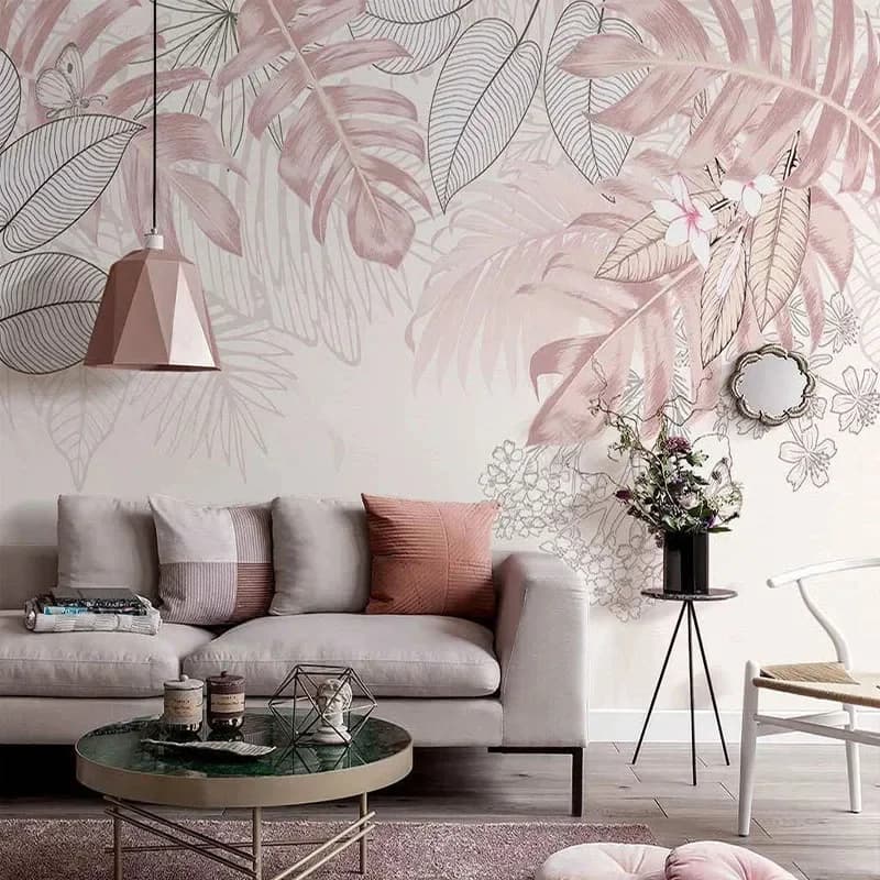 Papier Peint Photo Nordique Ins, Peint à la Main, Plantes Tropicales Roses, Feuilles, Nik, Salon, Fond Mural, 3D