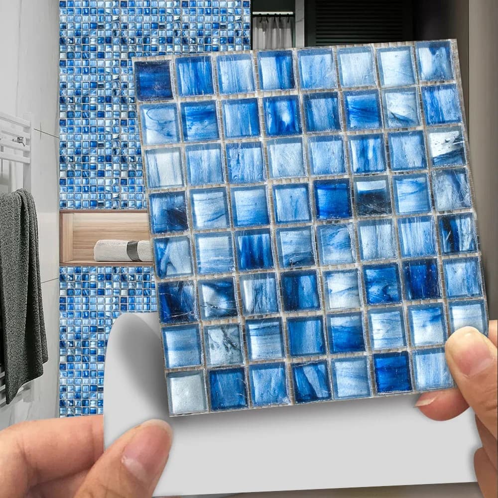 Autocollant mural de carreaux de mosaïque plats bleus, 10 pièces, imprimé en 2D, décoration de cuisine, salle de bains, maison, imperméable, décalcomanies murales d'art en PVC