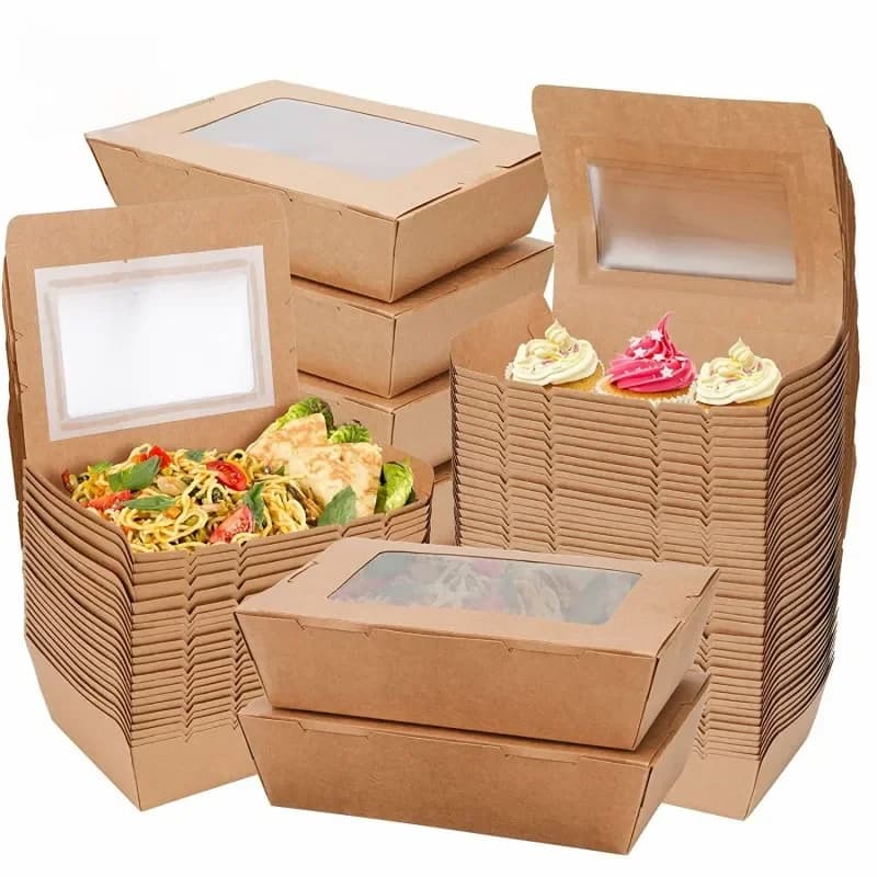 Boîte de préparation de repas de poulet en kraft brun haut de gamme avec fenêtre transparente, emballage de salade et de sushi, à emporter