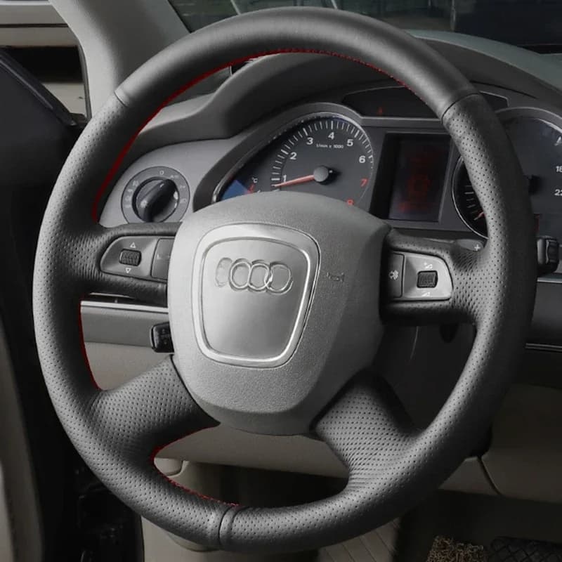 Housse de volant de voiture, en cuir artificiel, noir, pour Audi A3 8P Sportback A4 B8 Avant A5 8T A6 C6 A8 D3 Q5 8R Q7