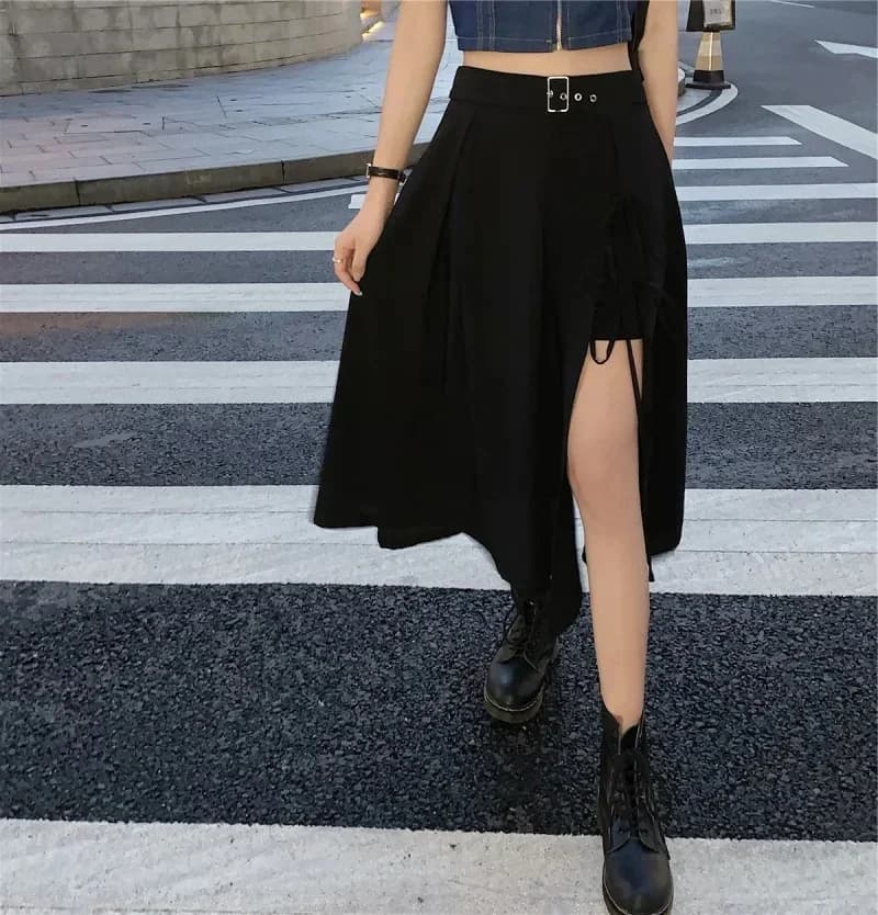 Jupes mi-mollet à fente haute gothique foncé vintage pour femmes, mode élégante, fête, club, taille haute, streetwear astronomique, jupe gothique