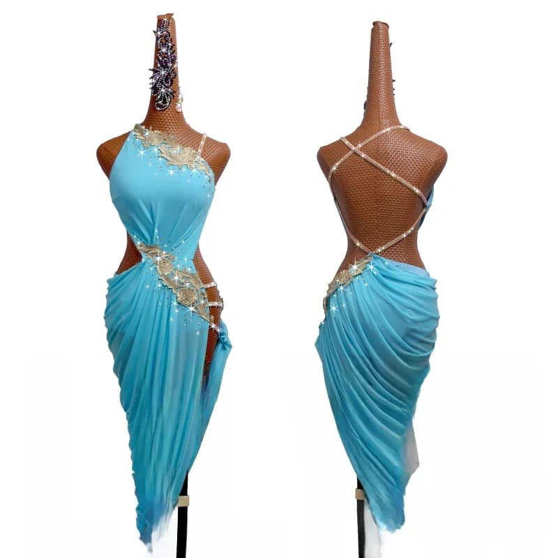 Robe de danse brodée dorée courte bleu lac personnalisée pour adultes, performance de concours de danse latine, nouveau