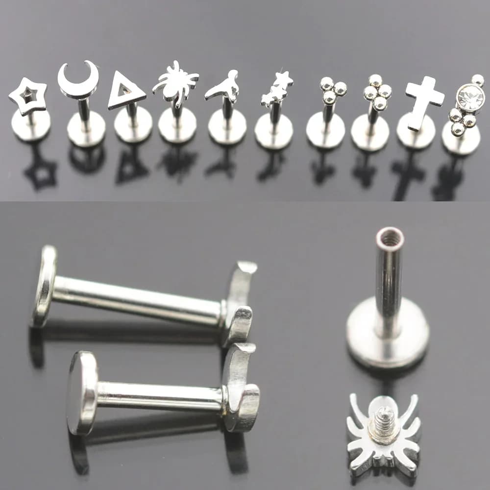 2 pièces 1.2x6/8mm barre étoile lune croix araignée nez anneau goujon boule Labret lèvre Tragus Piercing Helix boucles d'oreilles nez Piercing oreille bijoux