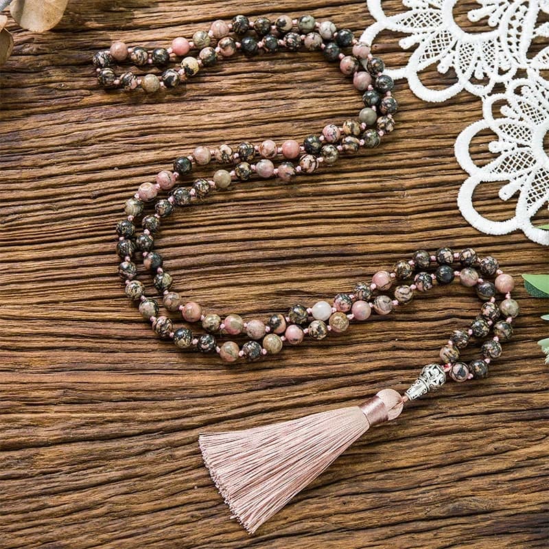 Collier de prière Mala 108 perles en rhodochrosite noire naturelle de 8 mm, nouées, pour la méditation, le yoga, bijoux pour hommes et femmes