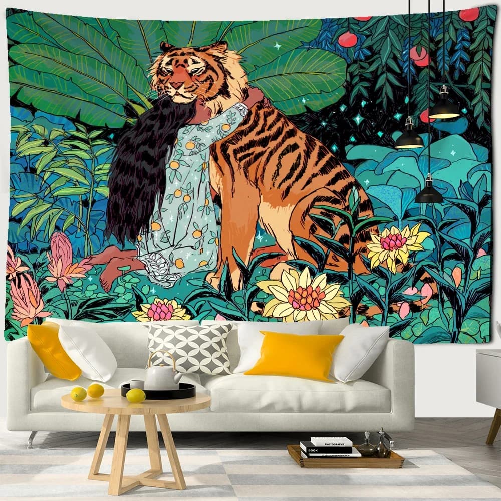 Tapisserie murale d'animaux de forêt, fleurs mystérieuses confrontées, lune, océan, paysage, mandala bohème, décor de chambre à la maison