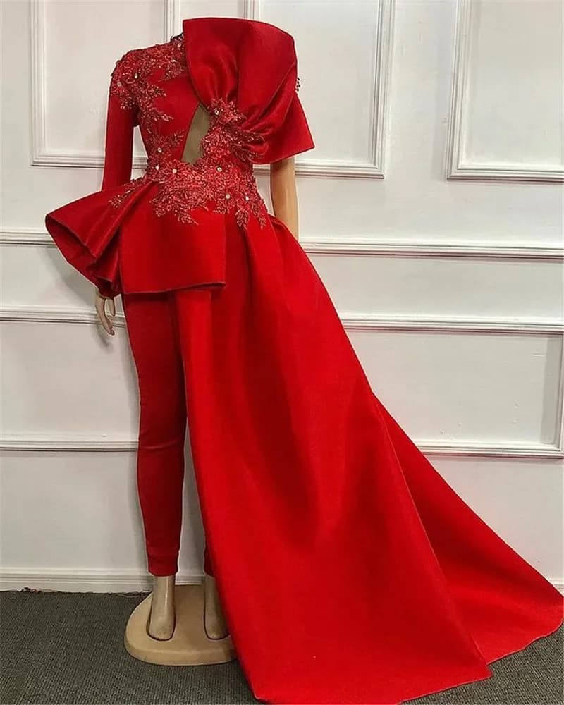 Combinaison de soirée personnalisée grande taille avec traîne dentelle tache velours manches longues volants Peplum robe de bal arabe avec costume pantalon