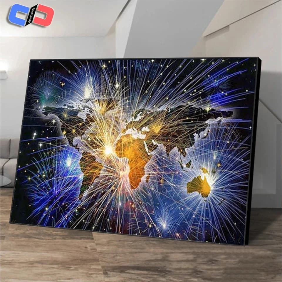Peinture de diamant de carte du monde de feux d'artifice, vente de broderie de diamant de bricolage, image de mosaïque de biscuits, art de décor à la maison, offre spéciale, 5D