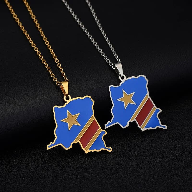 Collier pendentif carte de la République démocratique du Congo, couleur or/acier, pour hommes/femmes, bijoux ethniques en acier inoxydable