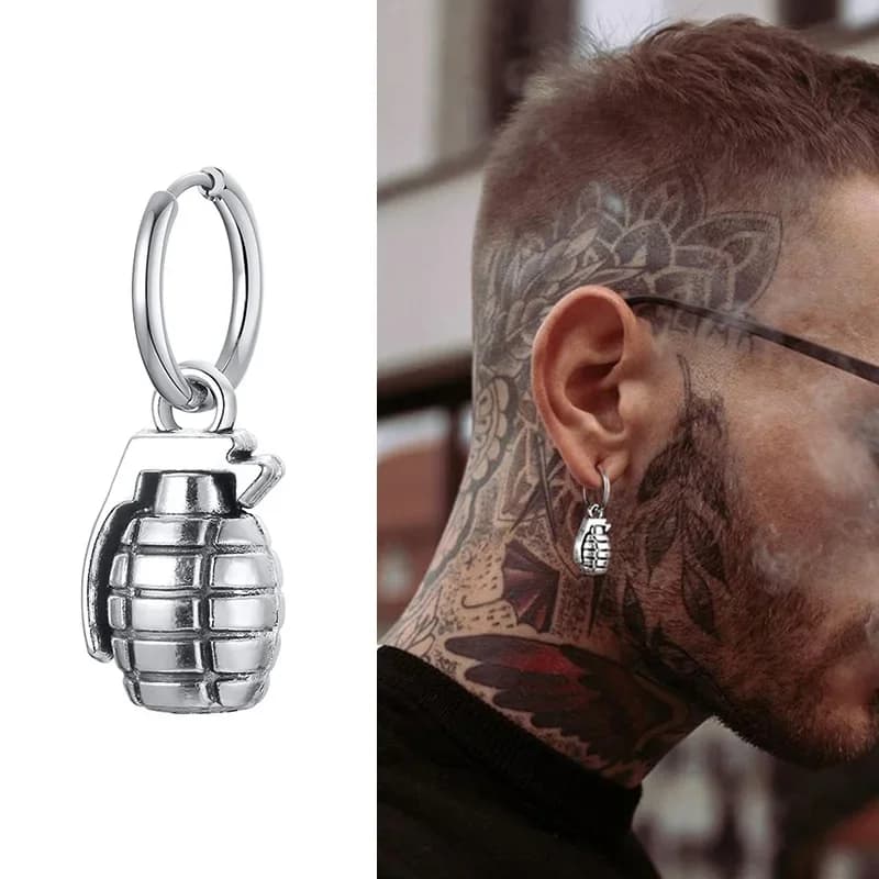 Boucles d'oreilles en forme de GRENADE pour hommes, bijoux, cerceau en acier inoxydable, cadeau pour lui