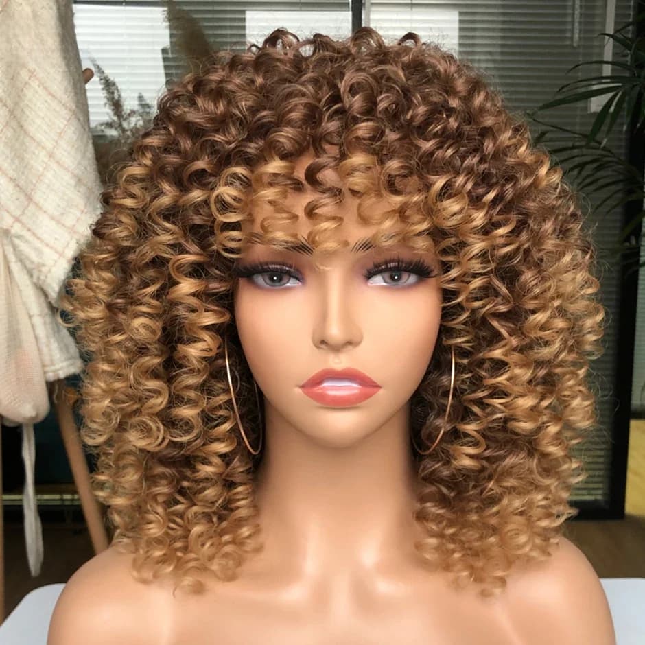 Perruque Afro bouclée crépue avec frange, perruques synthétiques courtes pour femmes noires, ombré brun blond, cheveux de Cosplay à haute température