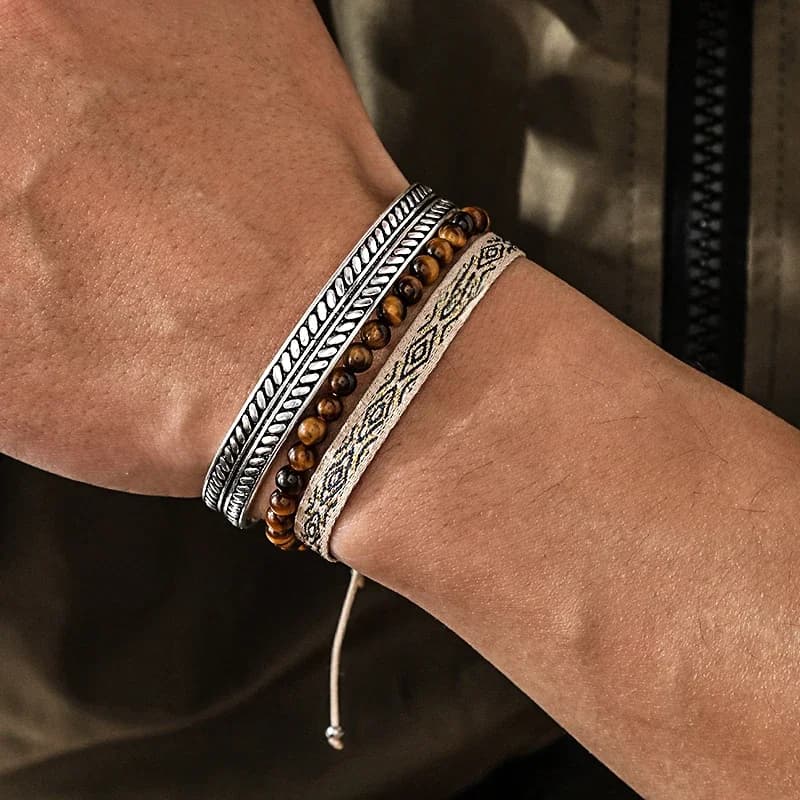 Bracelet manchette en pierre d'oeil de tigre naturelle fait à la main, petites perles, plaque en argent 925, cadeaux d'anniversaire pour hommes, ensemble de bijoux simples