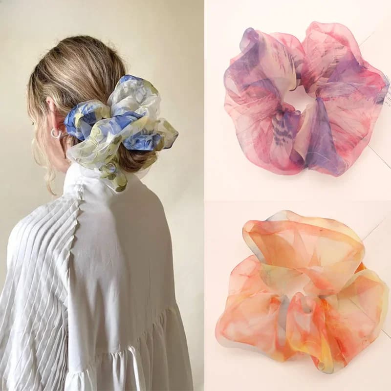 Lystrfac nouveau chouchou imprimé Organza surdimensionné pour femmes filles bandes de cheveux élastiques cravate de cheveux élastique pour queue de cheval accessoires de cheveux