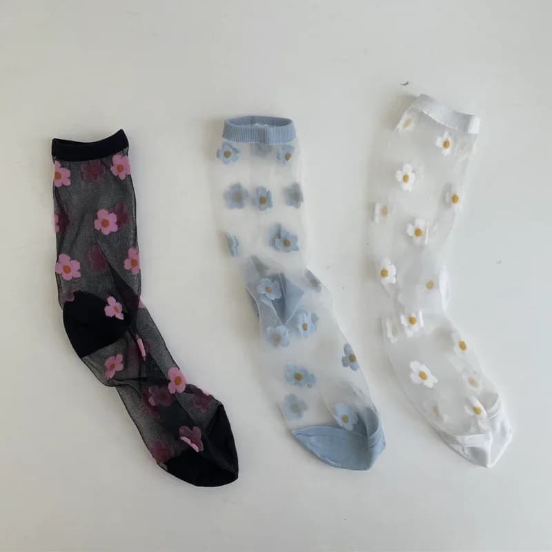 Chaussettes d'été à imprimé floral pour femmes, socquettes mignonnes, ultrafines, transparentes, cristal, Harajuku, rétro, Kawaii