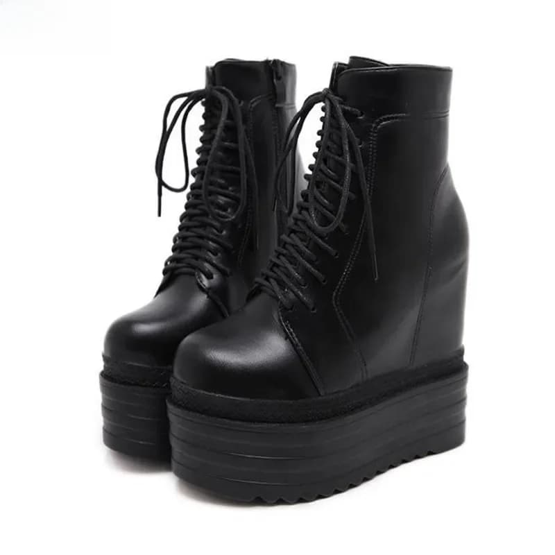 Bottines compensées blanc noir semelle en caoutchouc chaussures plate-forme bottes femmes laçage automne plate-forme talons chaussures talon 14 cm