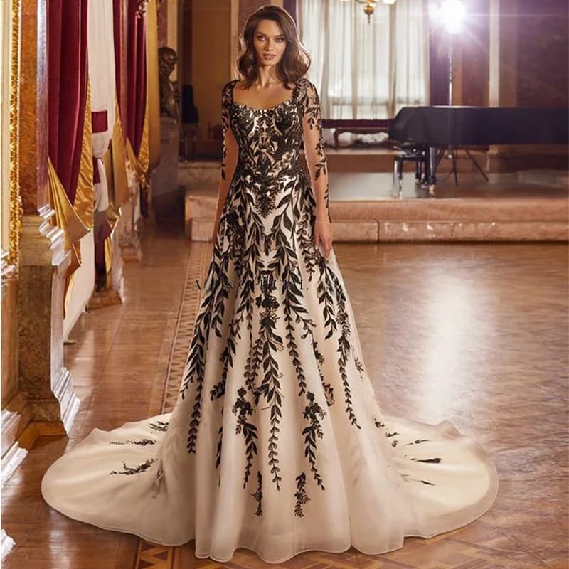 ADLN-Robe de mariée noire et blanche, manches longues, ligne A, en dentelle, modeste, sur mesure, dos nu