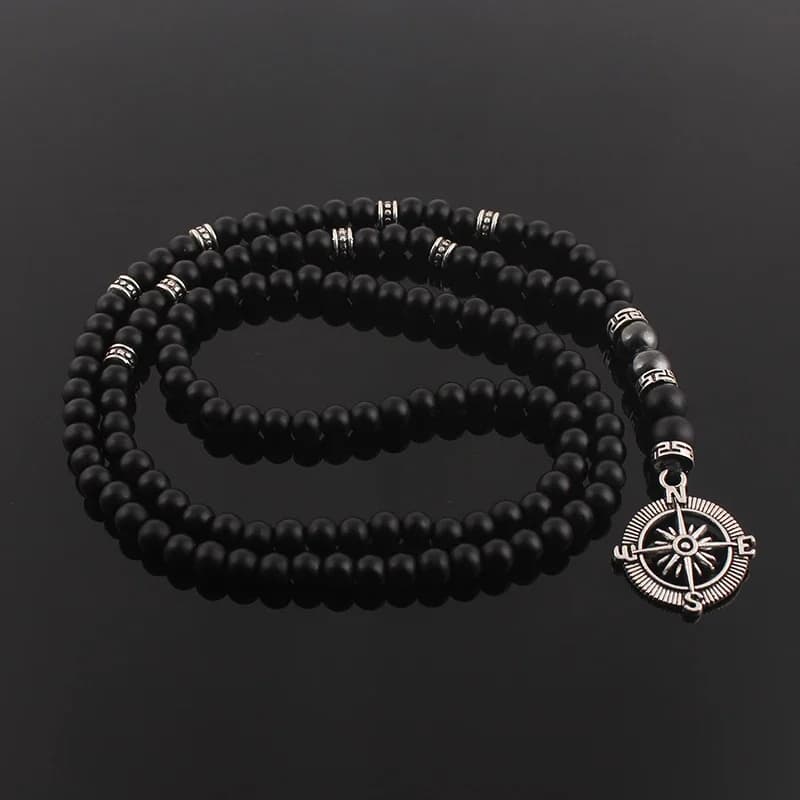 Collier de perles rondes en pierre naturelle noire pour hommes, classique, Vintage, longue, avec pendentif boussole, bijoux cadeau, 6mm